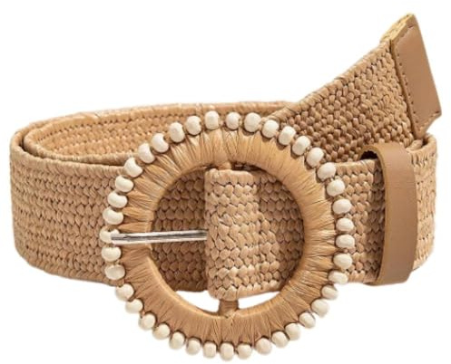 EDIBAZZAR Beiger Strohgürtel mit Perlen, elastischer geflochtener Taillengürtel, gürtel, hosengürtel, modegürtel, hüftgürtel