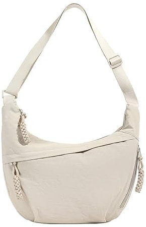 LOCCY Halbmond Umhängetasche Damen, Nylon Crossbody Bag Half Moon Bag Crossbody Schultertasche Hobo Tasche mit verstellbarer Schultergurt für Uni Arbeit Reisen Alltag (Beige)