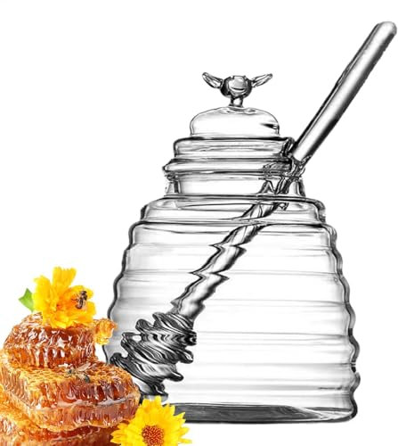 Honey Jar With Dipper And Lid, Honey Pot, Clear Honey Dispenser, Glass Honey Container, 500ml Large Capacity Honey Holder Dispenser For Home Kitchen