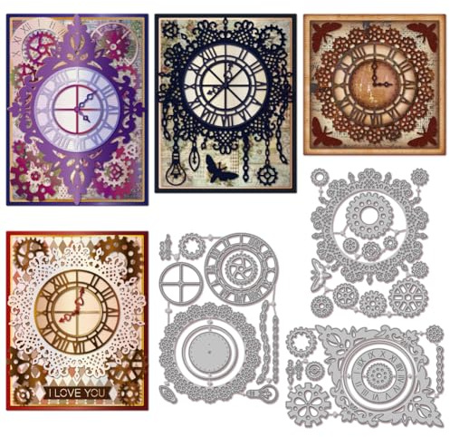 GLOBLELAND Matrices de corte de reloj con diseño vintage para scrapbooking DIY, plantillas de corte de metal con engranajes retro para la fabricación de tarjetas, emboscado, decoración de álbumes de