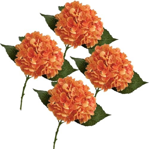 Hortensias artificiels, Bouquet de 4 pièces en Latex pour décoration de Mariage, de Bureau, de Maison ou de fête(Orange)