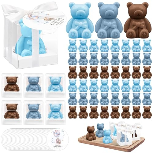 36 Stück Bärchen-Seifen Gastgeschenke, Mini-Seifen mit Geschenkbox & Dankeskarten, Duftseifen für Taufe, Hochzeit, Gender Reveal & Geburtstag– Blau & Braun