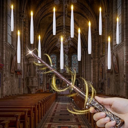 Bryxidor LED Floating Candles with Wand Remote, 12pcs Timer Function Flickering Taper Flameless Electric Hanging 1.2cm x15.5cm Battery Operated Fake White Plastic Candles for Halloween Decoration