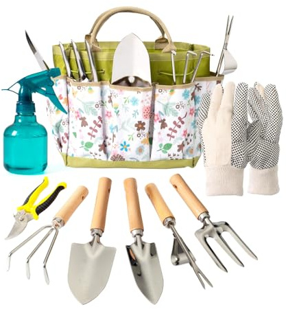 Bamworld Trädgårdsredskap set 9 delar, ergonomiska trädgårdsverktyg i rostfritt stål med blommig bärväska, trädgårdshandskar och sprayflaska, perfekt trädgårdspresentset för kvinnor och män