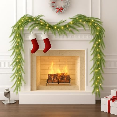 1.8M/6FT Christmas Garland with Lights, Christmas Garlands for Fireplace Stairs, Artificial Wreath with 50 LED Lights for Table Porch Mantle Home Garden Indoor Outdoor Decor
