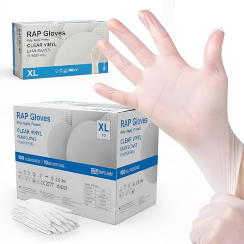 Disposable Vinyl Gloves Clear XL Pack of 1000 Powder Free Latex-Free Exam | Non-sterile ambidextrous fit, beaded cuff, food safe handling, for kitchens, industrial tasks, hospitals and cleaning