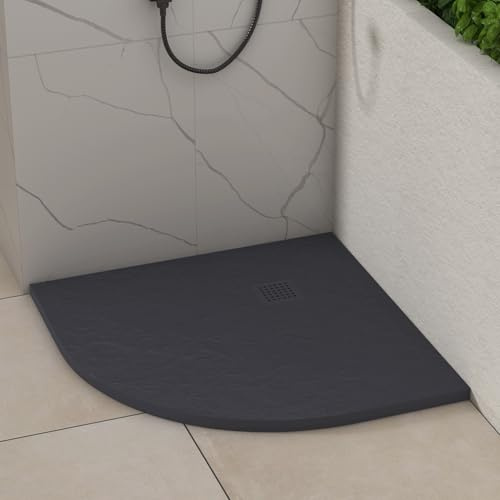 Luxor Quadrant 900 x 900 x 30mm Grey Slate Effect Stone Shower Tray Slip-Resistance for Shower Enclosure with Grey Cover Grate