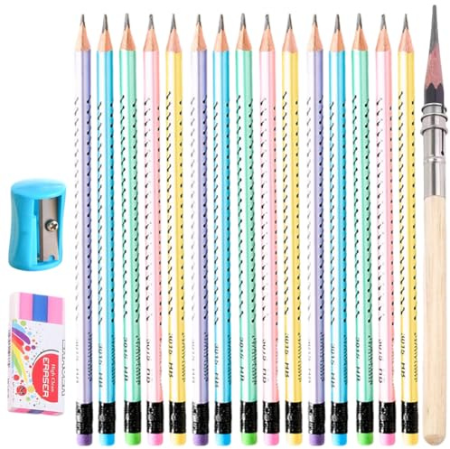 AEUXZA Bleistifte HB Set – 12 Ergonomische Dreikant Bleistifte für Kinder 1. Klasse – Inkl. Bleistiftverlängerung, Spitzer & Radiergummi – Bruchfeste Schreiblernstifte Schule