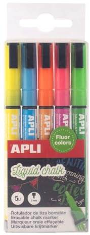 APLI 20103 – Liquid Chalk Colores Flúor – Pack de Rotuladores de Tiza Líquida Punta Redonda 3 mm – Para Pizarras y Superficies No Porosas