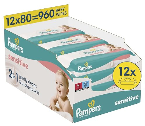 Pampers Sensitive Baby-Feuchttücher, 12 Packungen mit 80 Feuchttüchern = 960 Baby-Feuchttücher, 2-in-1 sanfte Reinigung & Hautschutz