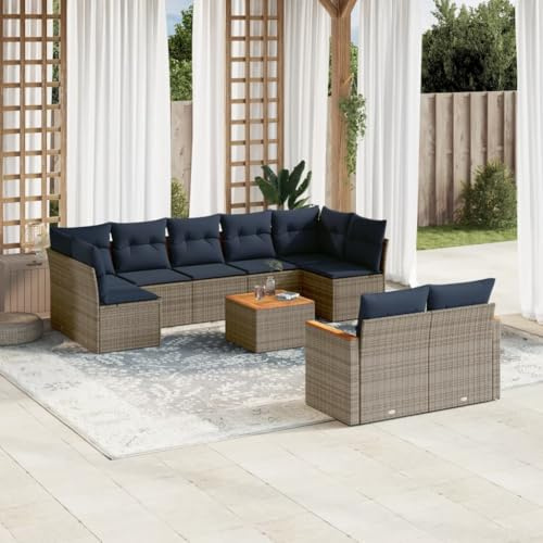 QUAHEAS 10-teiliges Gartensofa-Set, Grau Polyrattan Outdoor Möbel Lounge-Sofa mit Kissen, Akazienholz-Tisch, Modulares Design für Terrasse und Garten
