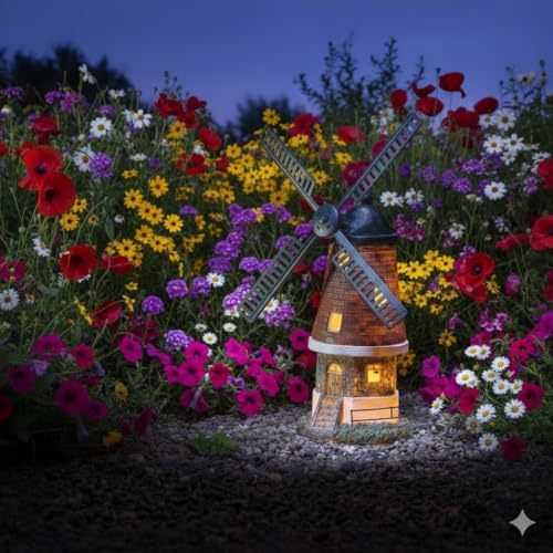 Solar Powered Windmill Ornament with Moving Sails Freestanding Garden Outdoor Decoration Solar Light Up Windmill Figurine Waterproof, Automatic On At Dusk with Rechargeable Batteries