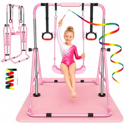WootoyOutdoor Kids Gymnastics Bar Set, Adjustable Gym Bar with Mat Swing Seat, Rings & Ribbon Wands, Indoor Outdoor Training Toys Gifts for 3-7 Years Old Girls