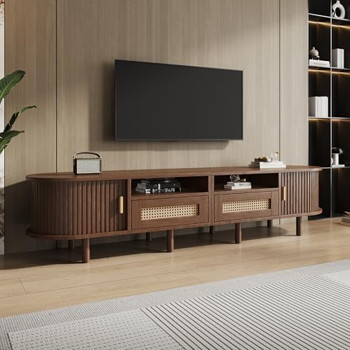 Rosebibi Mueble para TV ovalado, 170 x 40 x 40 cm, con 2 cajones de diseño de ratán, 2 puertas correderas, para hasta 70 pulgadas, nogal, roble oscuro, armario bajo