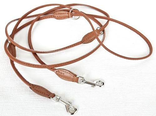 Luxus HUNDELEINE, Runde Leine, 220cm/6mm, Echt Leder + Cognac, 3xVerstellbar - für Kleine Hunde