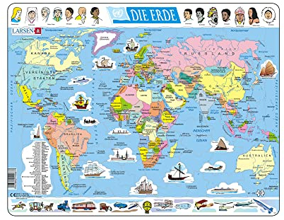 Larsen Puzzle K1 Politische Weltkarte, Alter 4–12, Lernspiel, 107 Teile, Länder, Hauptstädte & Kontinente entdecken, stabiles Rahmenpuzzle, Made in Norway