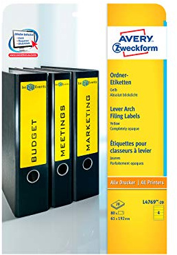 Avery Zweckform© L4769-20 Ordner-Etiketten, 192 x 61 mm, 20 Blatt/80 Etiketten, gelb