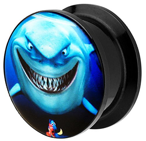 Piersando Ohr Plug Piercing Kunststoff Motiv Comic Picture Flesh Tunnel Ohrplug mit Nemo Shark Fisch Schwarz Blau