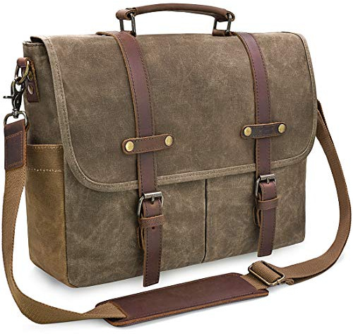 Mens Messenger Bag 15.6 Inch Waterproof Vintage Genuine Leather Waxed Canvas Briefcase Large Satchel Shoulder Bag Rugged Leather Computer Laptop Bag, Khaki