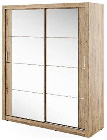 Furniture24 Schwebetürenschrank Kleiderschrank AR-03 ARTI Garderobenschrank Schrank Schiebetür Schiebeschrank mit Spiegel, 2 Kleiderstangen, 5 Einlegeboden (Shetland Eiche)