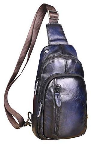 Le’aokuu Herren Echtes Leder Brusttasche Crossbody Bag Sling Bag Schultertasche Gurteltasche Umhängetasche Rucksack Brustbeutel Für Outdoor Sport Reisen (8005 D Blau)