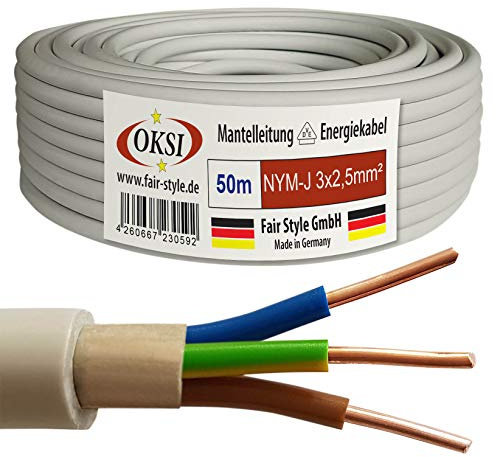 OKSI 50m NYM-J 3x2,5 mm² Mantelleitung Feuchtraumkabel Elektrokabel Kupfer Made in Germany