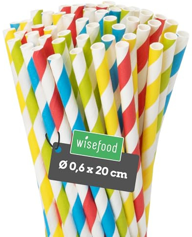 wisefood Papperssugrör, 500 stycken (5 x 100 st.) färgglada sugrör, Ø 6 mm x 20 cm, fri från PLA/PE, biologiskt nedbrytbara engångssugrör av robust papper