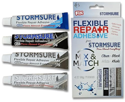 Stormsure Flexibler Reparaturkleber (15 g, transparent + schwarz + weiß + khaki)