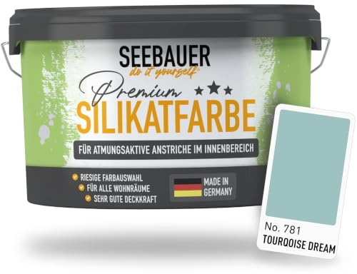 SEEBAUER diy Silikatfarbe Türkis 10L für Innen (No. 781 Tourqoise Dream) Atmungsaktive Mineralfarbe für Allergiker - Abwaschbare Wandfarbe - Türkistöne hohe Deckkraft
