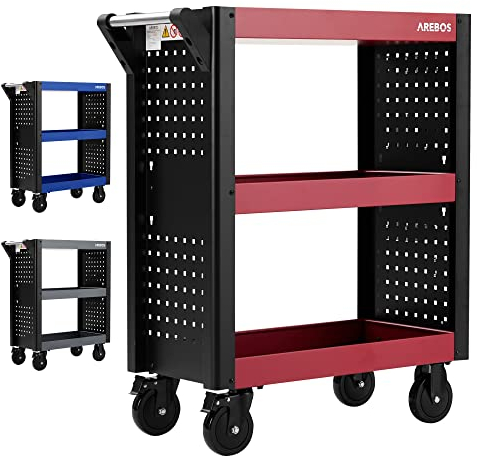 Arebos Servicewagen 3 Fächer | Werkstattwagen | Werkzeugwagen | Rollwagen für Transport und Lagerung | Multifunktionaler Etagenwagen | Allzweckwagen | 18-teiliges Hakenset | Rot/Schwarz