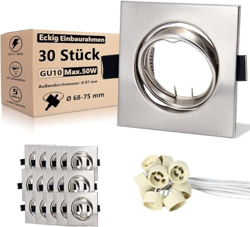 Allesgute Lot de 30 Spot Encastrable GU10 Set, Carré Cadre De Montage, Acier inox brossé Avec Douille Céramique GU10 Pour Lampes, Ø 75 mm-Orientable A 30°- Pour Lampes LED ou Halogènes