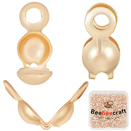 Beebeecraft 1 Box 400 Stück Clamshell Quetschperlen Spitzen Knotenabdeckungen 3mm 18K Vergoldetes Messing Runde Offene Quetschperlen Abdeckungen Für DIY-Schmuckherstellung
