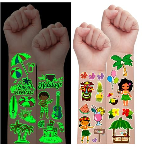 Leesgel Luminous Hawaiian Tattoos for Kids, 300 Styles Temporary Tattoo Stickers for Boys Girls Glow Hawaiian Party Decorations, Luau Beach Tropical Birthday Supplies Favours Accessories
