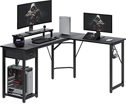 TREETALK Datorskrivbord, L-format skrivbord med stort monitorstativ, omkopplingsbart PC laptopbord hörnskrivbord med tyglåda och metallramhylla, spelskrivbord för kontor hem (svart kolfiber)