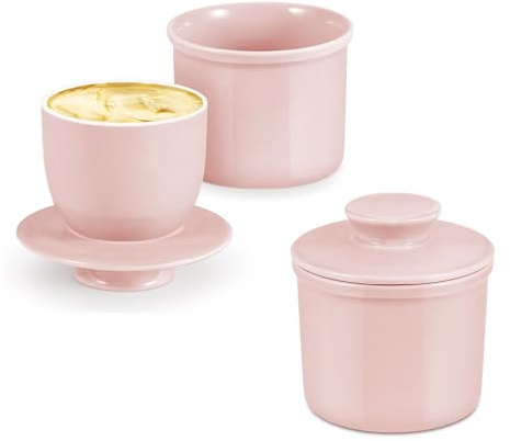 Flexzion Mantequera de porcelana para mantequilla, mantequillera francesa con tapa, soporte de mantequilla sellado con agua suave y dulce para mesa, colección retro, decoración de granja, paquete de 2