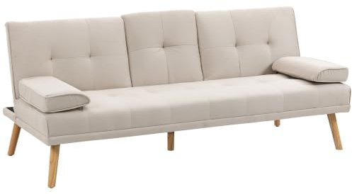 HOMCOM Schlafsofa 3-Sitzer mit Klappbarem Tisch Becherhalter Beige | Sofa, Schlafcouch, Bettsofa mit Leinenoptik, Couch Gästebet, für Wohnzimmer
