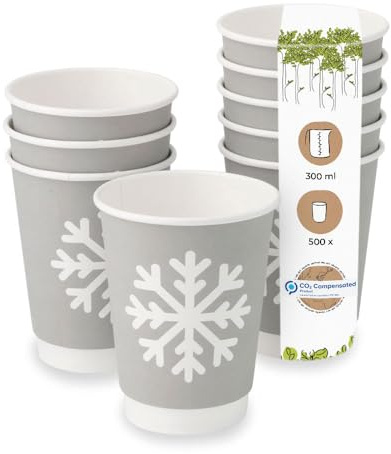 BIOZOYG 500 Stück graue doppelwandige Kaffeebecher Pappbecher Wintermotiv 'Schneeflocke' 300ml / 12 oz - umweltfreundlich recycelbar & schön bedruckt - Kaffeebecher to go
