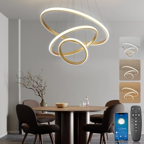 BRIMETI Lampadario a Sospensione per tavolo da pranzo a LED Lampada a Sospensione Nordico Moderno a LED da Soffitto Dimmerabile 3 Luci 45W, per Soggiorno Sala da Cucina Stanza degli Ospiti (Oro)
