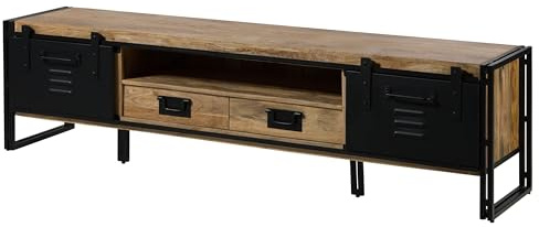 MASSIVMOEBEL24.DE | Blackburn TV-Board aus Massivholz u. Eisen #112 aus Mangoholz - Natur, lackiert mit 2 Schiebtüren, 5 Fächer und 2 Schubladen 220x45x55 cm Spind-Optik und Locker-Room-Style