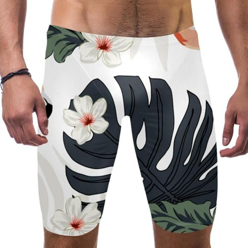Flamingo-Blumen und Blätter-Badeanzug für Herren und Jungen, Wettkampf-Badeanzug, quadratisches Bein, Ausdauertraining, mehrfarbig, 56