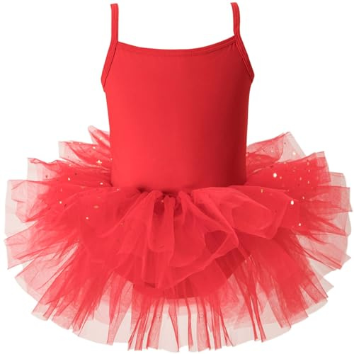 AIEOE Bambina Vestito di Ballo Tutu Leotard Abito Tulle Ruffle Manica (Cavallo con Bottone) 4-6 Anni Rosso A
