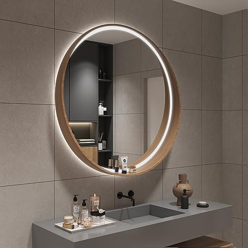 GLFNB Beleuchteter Spiegel mit Holzrahmen, runder LED-Badezimmerspiegel, beleuchteter Wandkosmetikspiegel, Schminkspiegel mit Berührungssensor, 3-farbig dimmbares LED-Licht, IP44 (Farbe: Holzfarbe