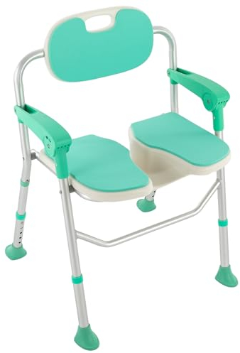 SuhoFutus Duschstuhl, Höhenverstellbar, 150KG Belastbar, Duschhocker mit Hygieneausschnitt, Armlehnen, Rutschfeste Fußpolster, Grün