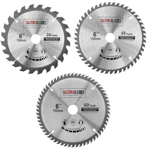 3x Saxton TCT Circular Saw Blades 150mm x 20mm bore 24, 48 & 60 teeth + 16mm and 10mm Ring Compatible with Ryobi Bosch Makita Dewalt