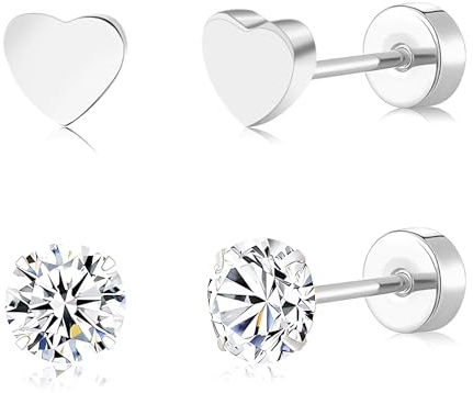 Artskin 2Pairs flache zurück Ohrringe für Frauen Titan CZ & Herz flach zurück Ohrringe Ohrstecker Flatback Ohrstecker für mehrere durchbohrt Ohren Hypoallergen Ohrring für empfindliche Ohren (Silver)