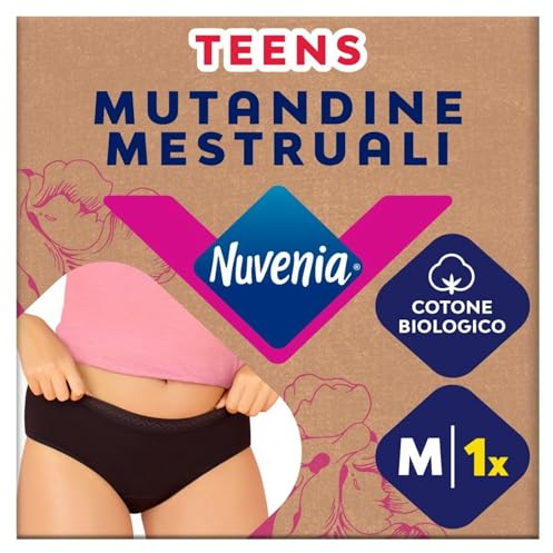 Nuvenia linea Teens, Mutandine Mestruali in cotone biologico, Lavabili e riutilizzabili con protezione integrata per Giorno e Notte, Flusso Abbondante, Colore Nero, Taglia M, 1 confezione