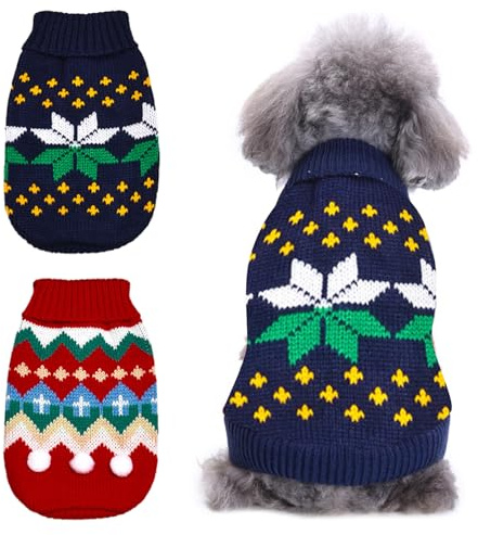 BDSHUNBF 2PCS Weihnachten Hundepullover, Winter Warmer Hundepullover Kleine Hunde, Pullover Pet-Kostüm für Hundewelpen Party Puppy Geschenk für Hund