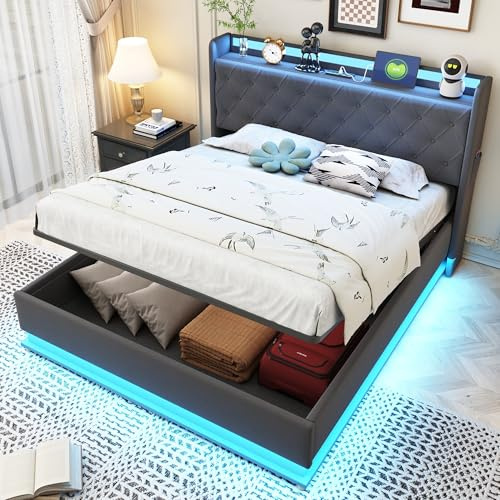 Polsterbett Doppelbett 140x200 cm, mit LED-Beleuchtung, USB-Ladefunktion | Hydraulischesm Stauraum, Kopfteil mit Regal, Jugendbett Erwachsenenbett, mit Lattenrost, Leinen, Grau, ohne Matratze