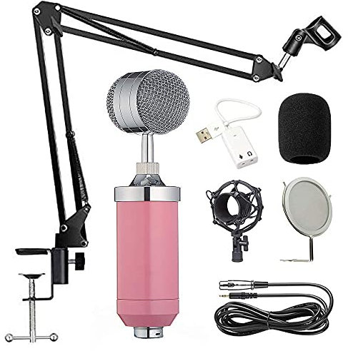 CWCQGH condenser mic Kit Mic Set gaming mic, Podcast PC Mic to 3.5mm with Adjustable Mic Suspension Scissor Arm, for Studio Recording Broadcasting (Pink)