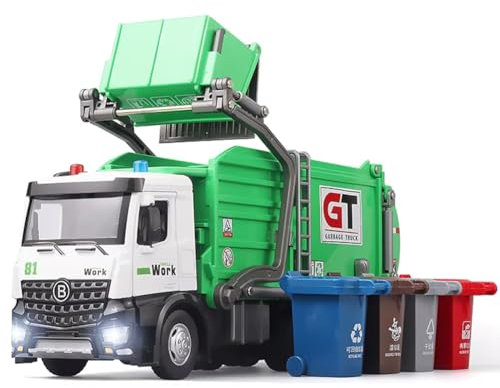 BAKAJI Camion della Spazzatura Giocattolo per Ragazzi, Veicolo Riciclaggio a Frizione con Luci e Suoni e 4 Bidoni, Auto con Secchi per Immondizia, Nettezza Urbana, Gioco di Simulazione Idea Regalo